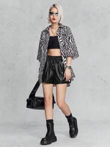 SHEIN EZwear Glossy Metallic Windbreaker Shorts Cool Girl Fashionable All-Matching Style - Black - View 7