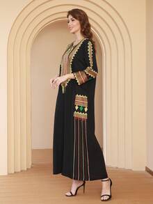 优雅刺绣阿拉伯长袍 JALABIA，圆领，传统优雅，2025 春夏款，斋月，宰牲节 - 黑色 - 查看 9