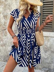 EMERY ROSE Women Simple Blue And White V-Neck Dress - Navy Blue - View 3