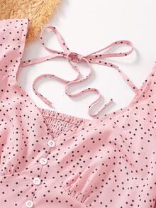 Breezaya Women's Polka Dot Printed Puff Sleeve Shirt And Pleated Skirt, Lovely 2pcs Set - Pink - View 4