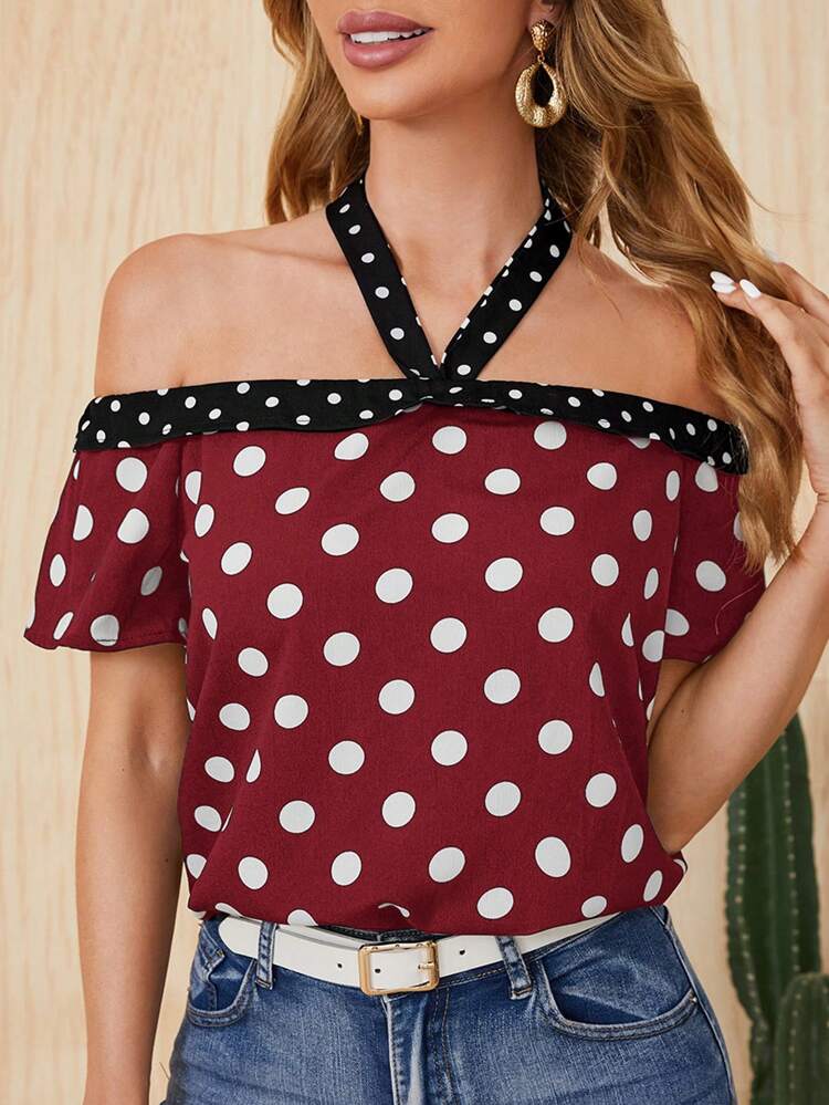 Women Color Block Vintage Polka Dot Print Halter Casual Summer Shirt