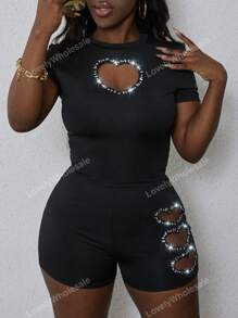 LovelyWholesale 2pcs/Set Women Heart Rhinestone Decorated Short Sleeve T-Shirt And Shorts