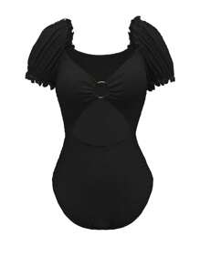 SHEIN Swim 女士純色中空連體泳衣，泡泡袖款式 - 黑色 - 查看 7