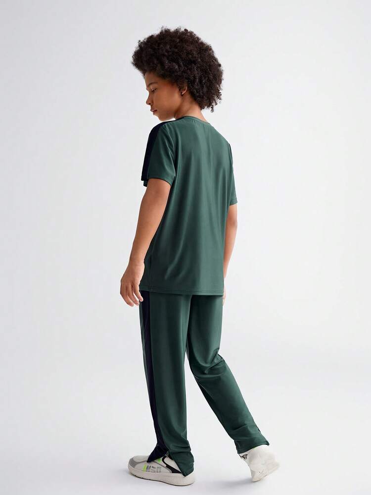 Tween Boy Knitted Patchwork Letter Printed Short Sleeve T-Shirt With Zipper And Pocket Design At Hemline With Long Pants Two Pieces Set