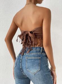 Breezaya Áo liền quần màu trơn cho nữ có viền ren tua rua ngày lễ thời trang phù hợp - Cà phê nâu - Xem 2