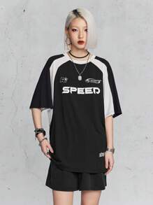 Coolane 女式夏季休閒色塊字母印花賽車T恤 - 黑色 - 查看 7