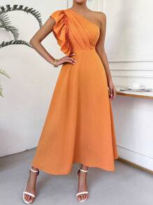 Chiquease Women's Solid Color Asymmetric Neckline Dress, Suitable For Summer - Orange - View 5