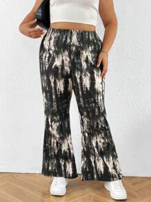 SHEIN Essnce Plus Size Women's Summer Casual Vacation Trousers, Tie-Dye Trousers, Elastic Waist Trousers, Baggy Pants,Summer Pants - Black - View 4