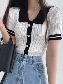 DAZY Áo thun dệt kim cổ polo tay ngắn màu tương phản cho nữ, thường ngày công sở, thu hè - trắng - Xem 4