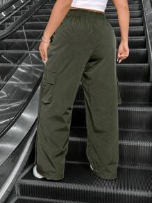 Flirla Plus Size Solid Color Cargo Pants With Drawstring Design