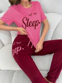 Women Summer Letter Printed Round Neck Short Sleeve T-Shirt And Long Pants Casual Pajama Set