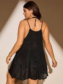 SHEIN Swim Curve 夏季海灘加大尺碼純色項後綁帶無袖遮陽罩 - 黑色 - 查看 2