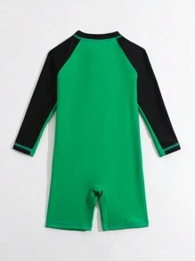 Young Boy Summer Beach Contrast Color Zipper Half Placket Long Sleeve One-Piece Swimsuit - Green - View 2