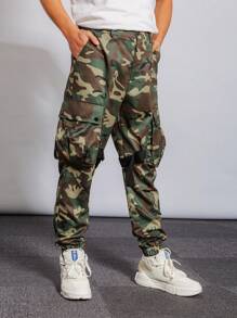 迷彩多口袋男式戶外工作裝，多功能設計 - 軍綠色 - 查看 8