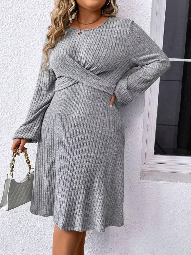 Plus Size Round Neck Lantern Sleeve Dress With Gathered Waist And Simple Design Fall Cloth For Women