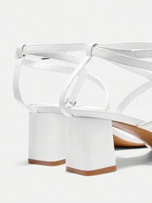 CUCCOO BIZCHIC 女士白色粗跟系带凉鞋，方头，宝石印花，优雅基础款，商务休闲，商务时尚 - 白色 - 查看 5