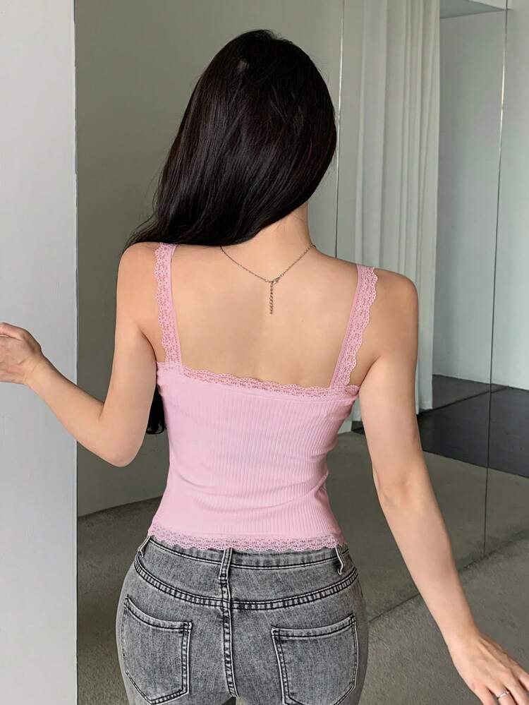 Women Summer Lace Slim Fit Spaghetti Strap Cami Top With Single-Breasted Button Going Out Tops