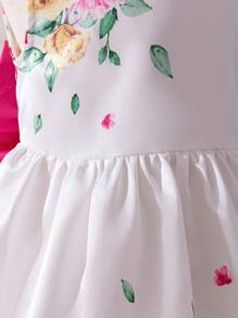 SHEIN Young Girl Floral Jacquard Bubble Sleeve Back Hollow Out Large Bowknot Decor Dress - Multicolor - View 5