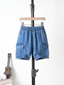 Shorts cargo en jean pour garçon avec poche à rabat et taille élastique pour l'été - Jean brut - Voir 1