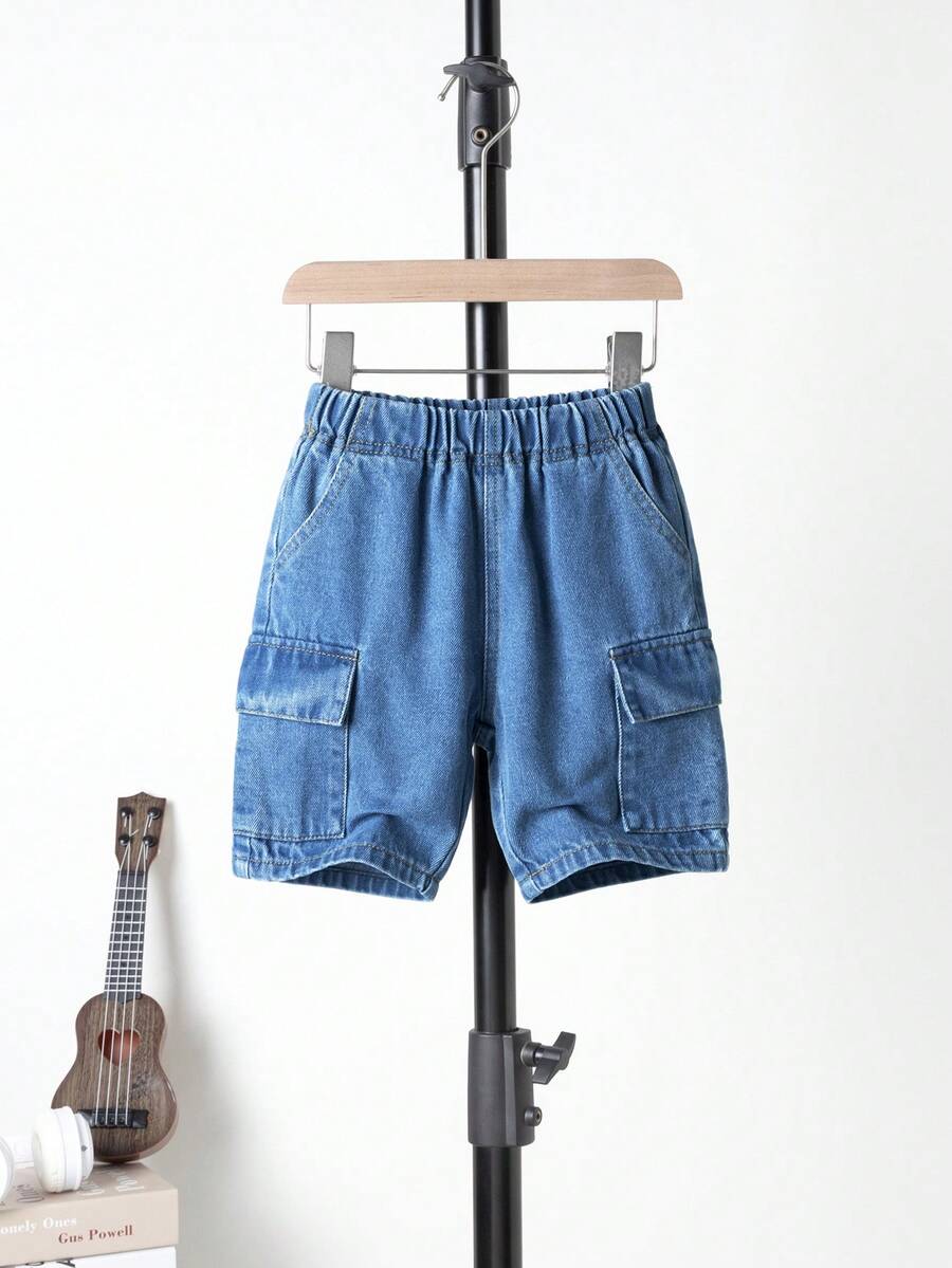 Shorts cargo en jean pour garçon avec poche à rabat et taille élastique pour l'été - Jean brut - Voir 1