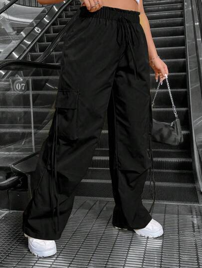 Vibekara 大尺碼女士打結腰鬆身褶皺純色貨運褲