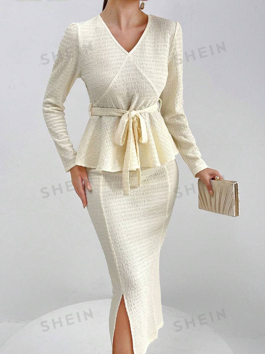 Modelyn Mujeres elegantes y encantadoras camisa de manga larga con cuello en V ajustada y falda con abertura lateral para la primavera y el verano