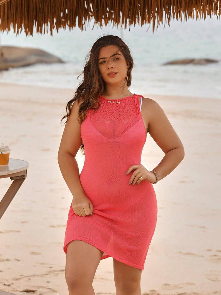 Plus Size Solid Color Drawstring Collar & Waist Sweater Dress
