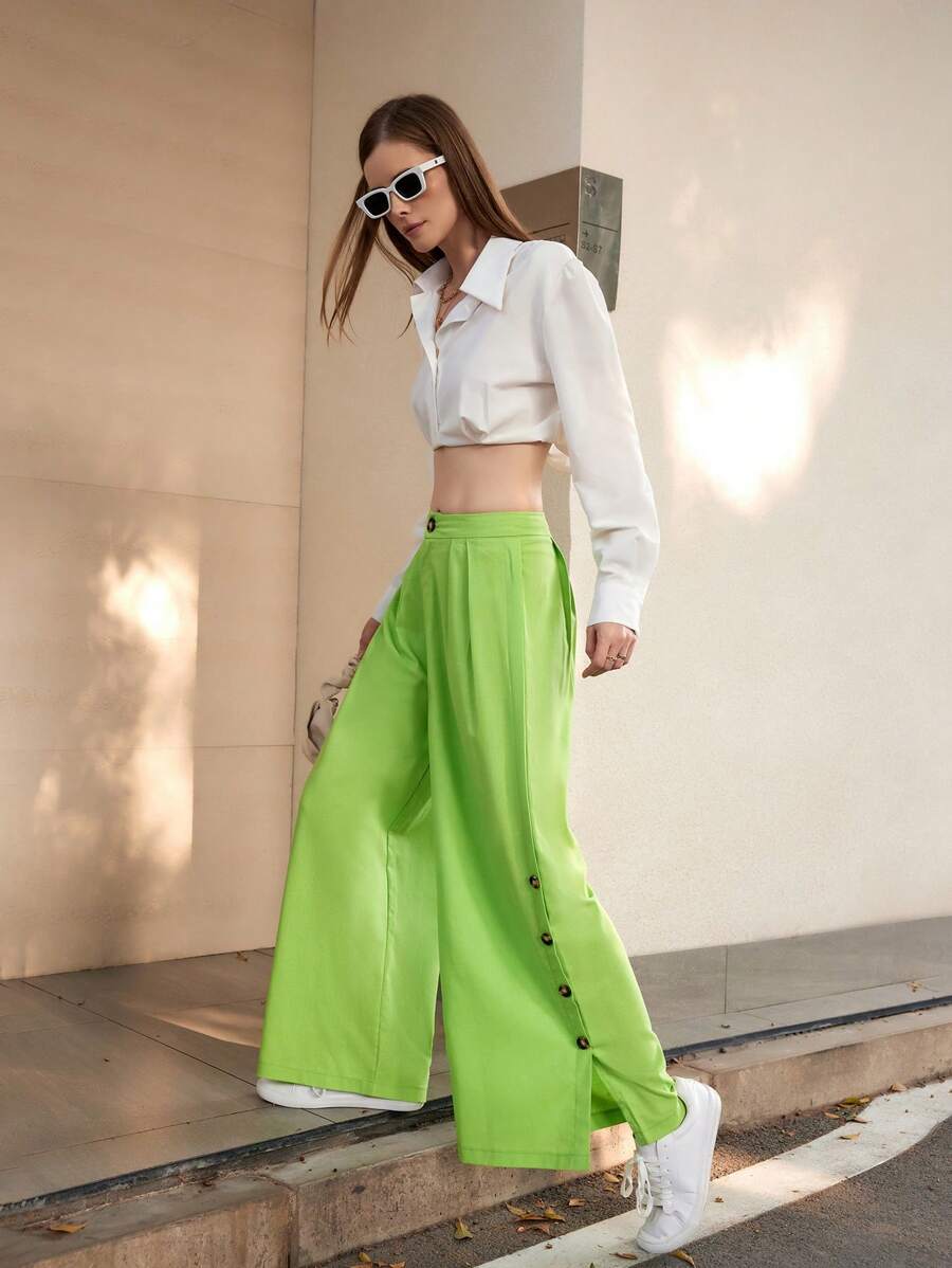 GENKIRA Women Y2K Plain Color Simple Daily Button Wide Leg Pants Fall Cloth For Women - Green - View 1