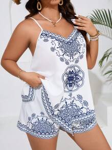 SHEIN LUNE Plus Size Printed Vacation Style Cami Top And Shorts Set - Blue and White - View 4