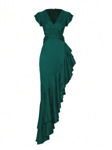 SHEIN Privé Của phụ nữ Màu thuần Xu hướng: Cắt giảm Váy quấn Với Xù Hoa Sen - màu xanh lá - Xem 1