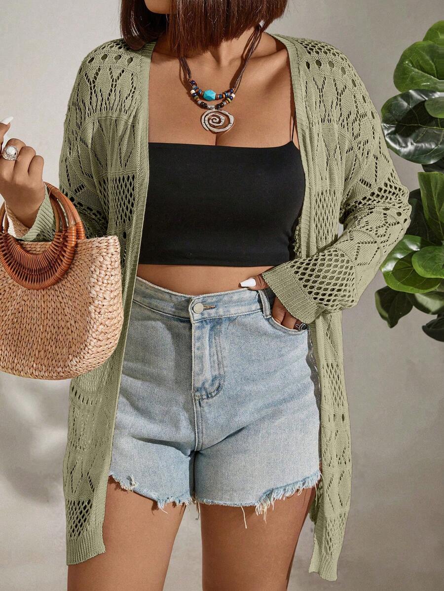 SHEIN Holidaya Plus Size Hollow Out Cardigan Suitable For Summer - Mustard Yellow - View 1