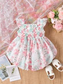 寶寶女孩可愛花卉印花抽褶荷葉邊連衣裙 - 彩色 - 查看 1