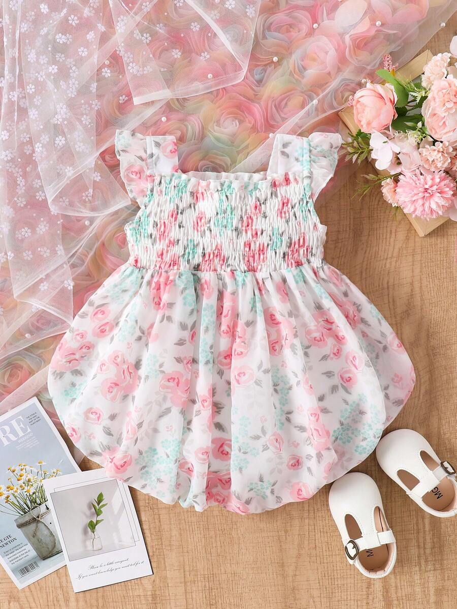 寶寶女孩可愛花卉印花抽褶荷葉邊連衣裙 - 彩色 - 查看 1