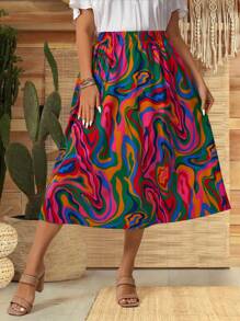 EMERY ROSE 夏季大尺碼女性大理石印花中長寬鬆A字裙 - 彩色 - 查看 1