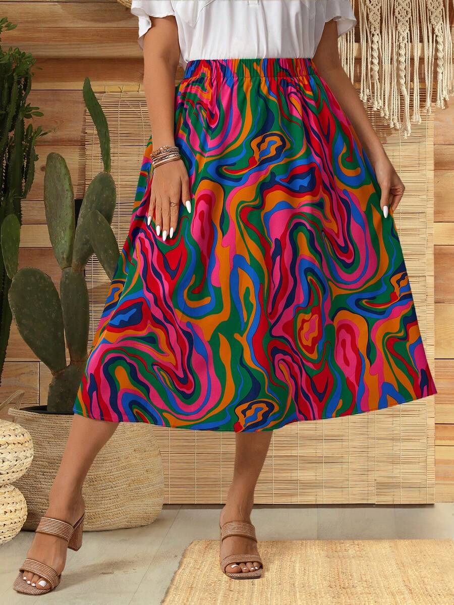 EMERY ROSE 夏季大尺碼女性大理石印花中長寬鬆A字裙 - 彩色 - 查看 1