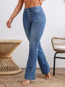 Jeans acampanados de mujer con botones al frente - Azul - Ver 3