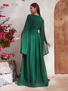 Giffniseti Damen Chiffon V-ausschnitt Schlitz Langarm Abend Party Kleid