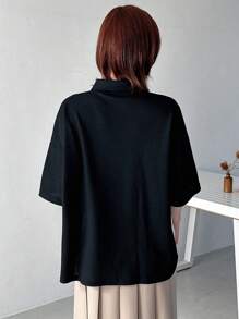 FRIFUL 女士純色休閒下垂肩譫肩短袖套衫，撞色領短袖T恤，春夏季 - 黑色 - 查看 5
