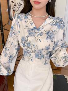 DAZY 女士雪纺花卉印花长袖 V 领衬衫、长袖上衣、秋季女装