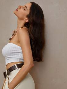 Anewsta Women's Solid Color Texture Asymmetrical Hem Cropped Strapless Top - White - View 6