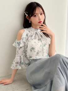 FRIFUL Women Cold-Shoulder Pleated Floral Print Shirt For Summer,Ruffle