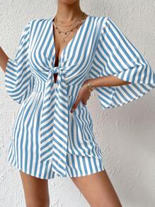 SHEIN Privé 女式夏季條紋前綁寬袖寬鬆休閒連身褲 - 彩色 - 查看 6