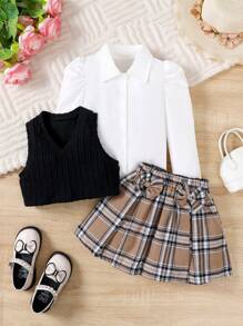SHEIN Conjunto clásico de estilo de colegiala de la temporada alemana de regreso a la escuela para niñas jóvenes, que incluye chaleco jacquard con camisa, pajarita y falda de cuadros - Negro - Ver 7