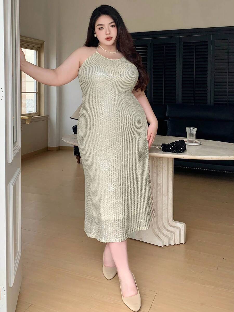 Dazy Plus Plus Size Women Sexy Fitted Sequin Party Long Camisole Dress Party Women Sundress Homecoming Dresses Prom Dress New Year Eve Dress Sparkly Dress Cocktail Dress - Apricot - View 1