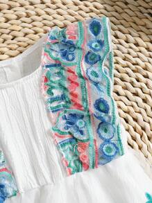 Baby Girl Elegant Floral Embroidery Mesh Cap Sleeves Dress For Summer - White - View 4