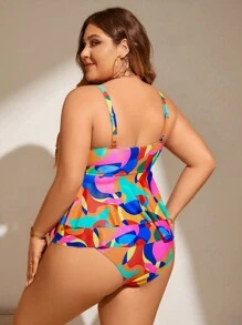SHEIN Swim Curve Summer Beach Plus Size Color Block Spaghetti Strap Ruffle Hem Sleeveless Tankini - Multicolor - View 2