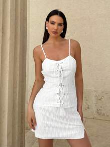 SHEIN Essnce Rochie de vară casual pentru femei, cu bretele spaghete și legături cu ochiuri - alb - Vizualizare 3