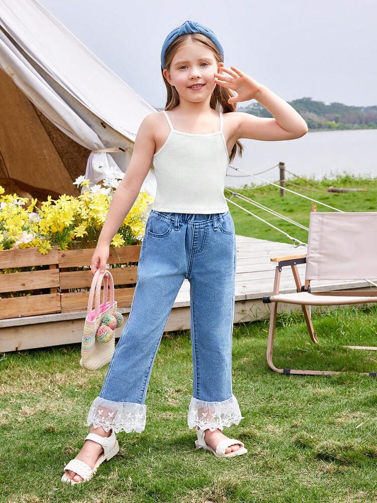 Young Girl Denim Jumpsuit With Lace Patchwork Design