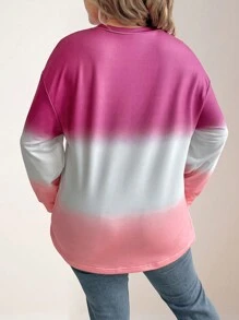 SHEIN LUNE Plus Size Knit Round Neck Color Gradient Casual Sports Sweatshirt Graduation,Back To School,Teacher Pullover Fall Winter Autumn - Multicolor - View 2