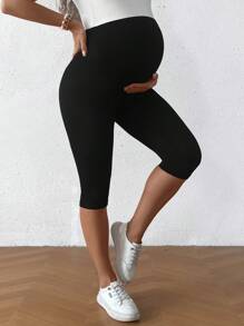 SHEIN Pregnant Women Solid Color Adjustable Waist 3/4 Length Leggings For Maternity
